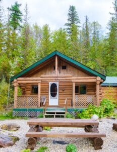 Wooden hut in an autumn forest , cabin off grid , wooden cabin woods British Colombia Canada Autumn